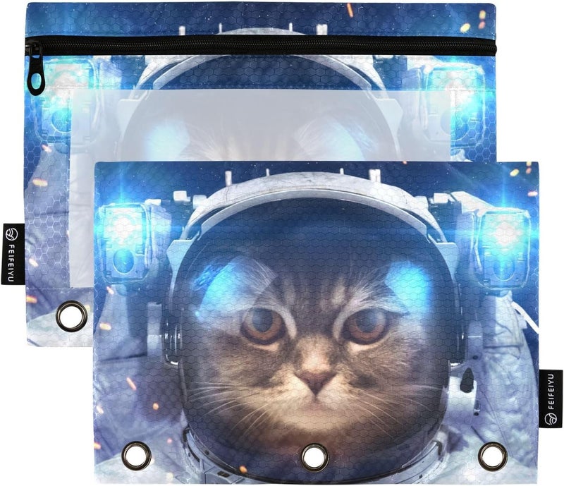 BOENLE Astronaut Cat Space Pencil Pouch for 3 Ring Binder, 2 Pack Waterproof Pencil Bags Clear Window Zipper School Office Supplies - Image 1